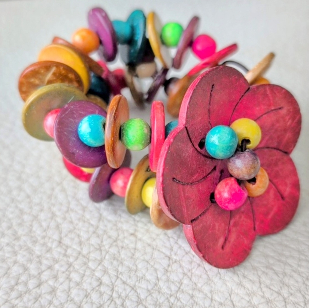 Boho Hippie Colourful Multi-Layered Floral Wooden Floral Beaded Bracelet